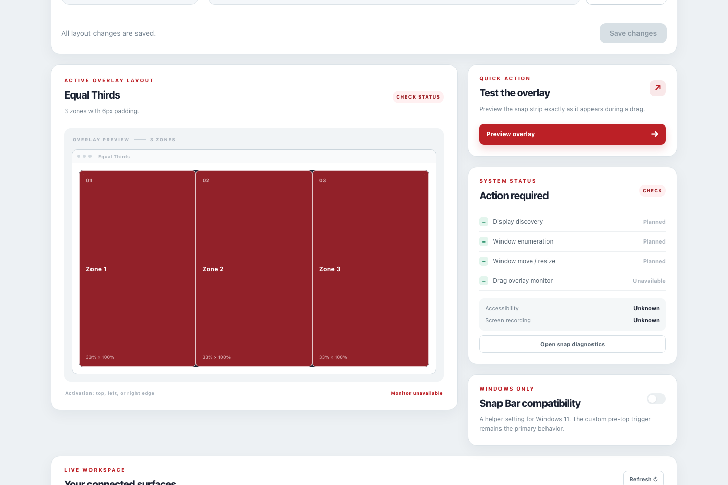 SoLoScreenSnap dashboard showing a three-column snap layout and system readiness