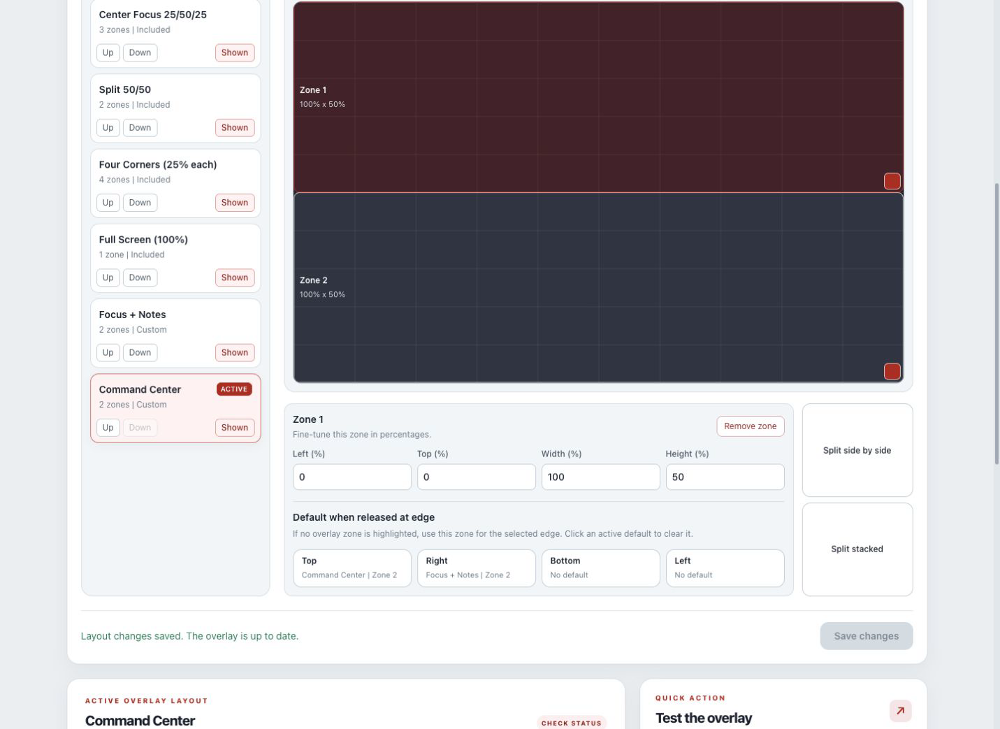 SoLoScreenSnap layout builder showing seven layouts and defaults assigned to the top and right edges